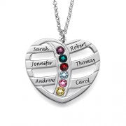925 Gold Sterling Silver Engraved Heart with Birthstones Necklace