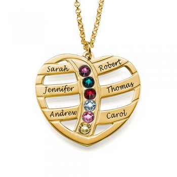 925 Gold Sterling Silver Engraved Heart with Birthstones Necklace