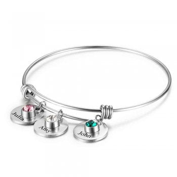 Stainless Steel Engraved Three Name Birthstone Bracelet